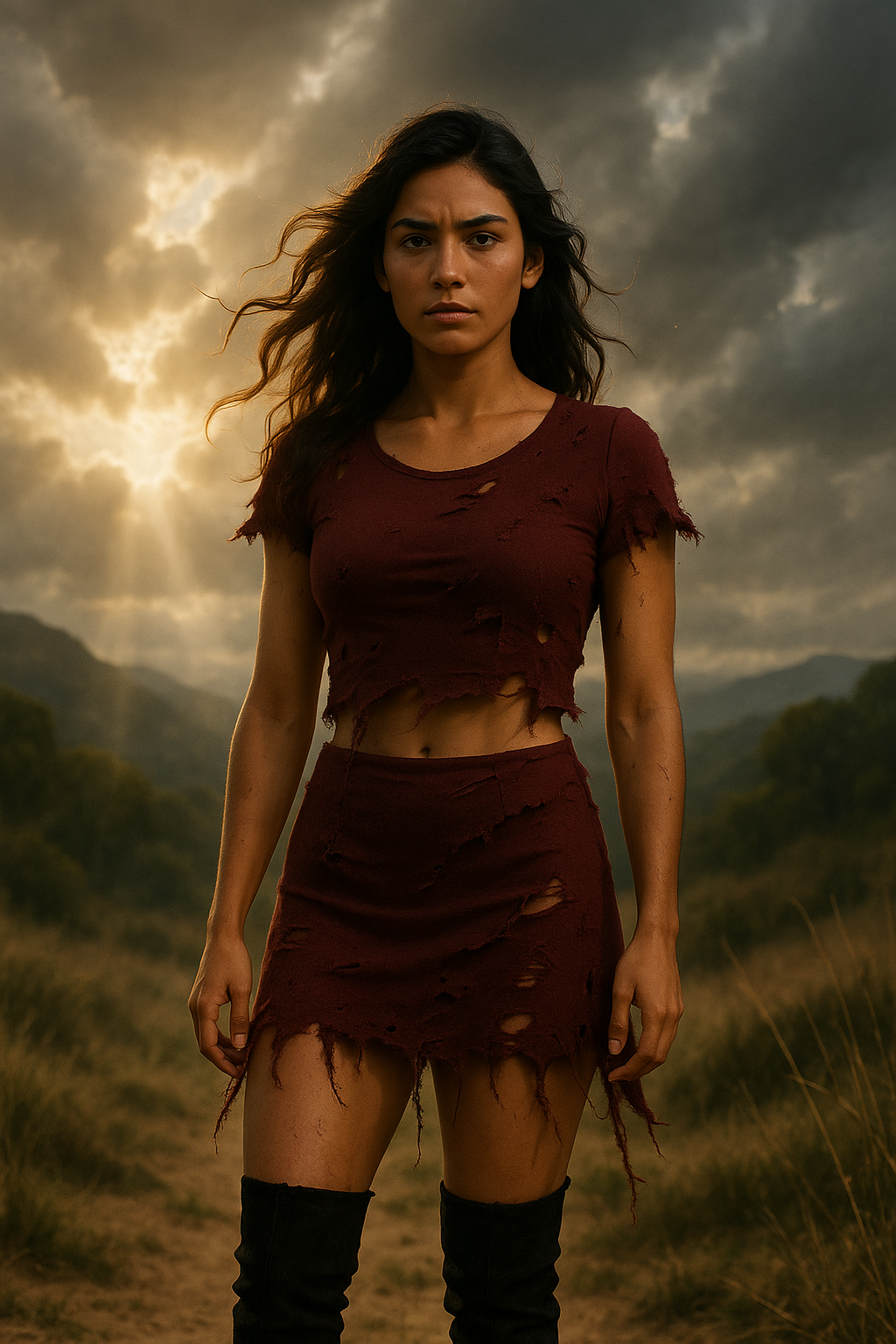 A woman in a field at sunset